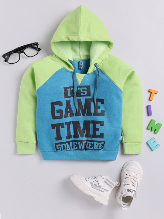 Kids Boys Green & Blue Colourblocked Hooded Sweatshirt