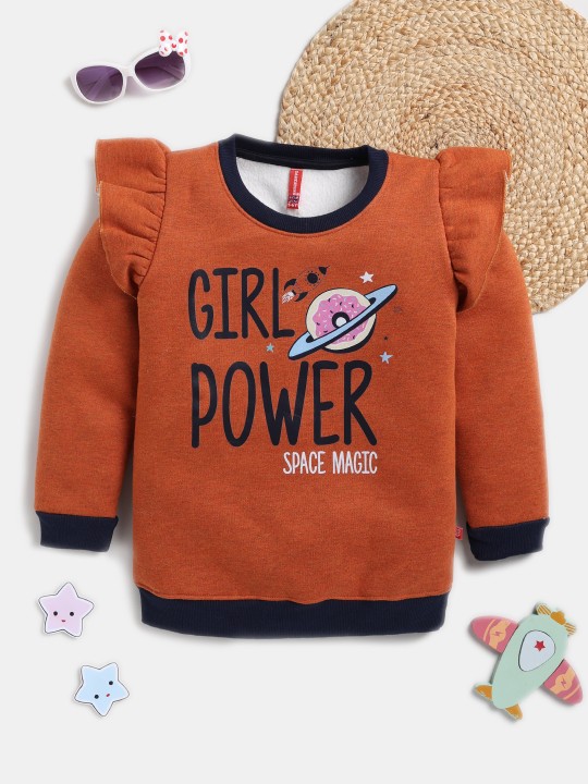Girls Typography Printed Pure Cotton Sweatshirt with Ruffles