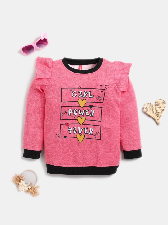 Girls Typography Printed Pure Cotton Sweatshirt with Ruffle