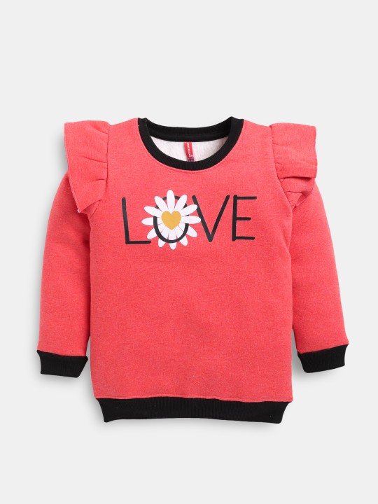Girls Typography Printed Pure Cotton Sweatshirt with Ruffles