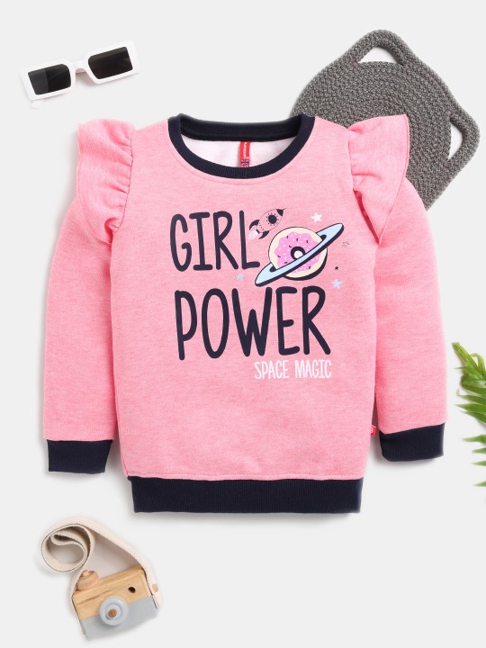 Girls Typography Printed Pure Cotton Sweatshirt with Ruffles