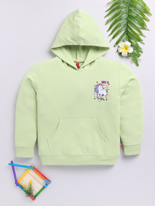 Kids Girls Green Printed Hooded Sweatshirt