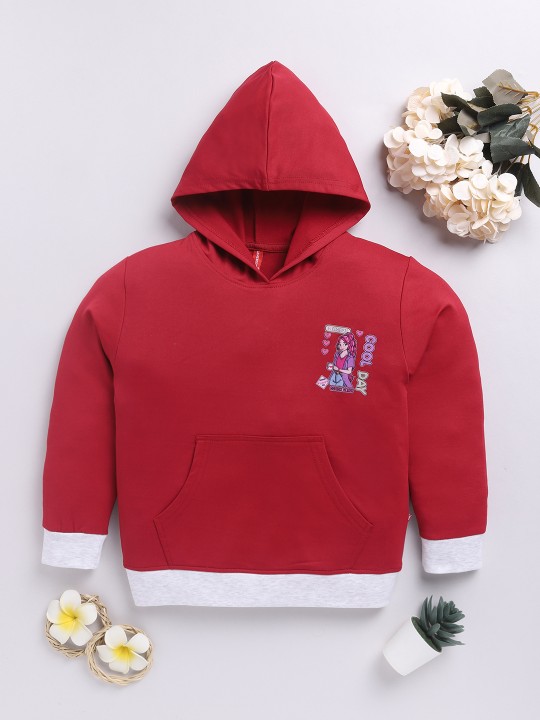 Kids Girls Maroon Printed Hooded Sweatshirt