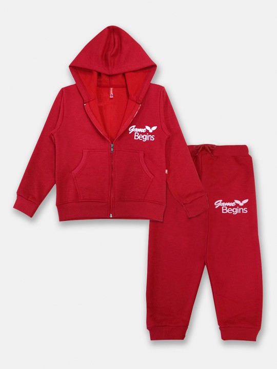 Girls Red Solid Hooded Sweatshirt & Joggers Set
