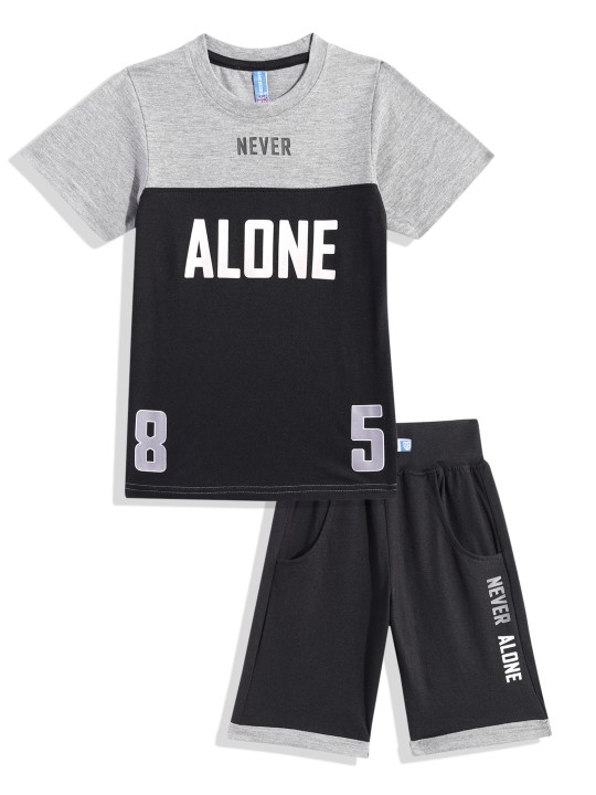 Boys Grey & Black Cotton Printed T-shirt with Shorts Set