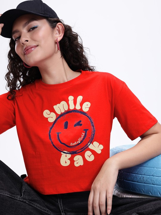 Red, Yellow & Black Graphic Crop T-Shirt for Women