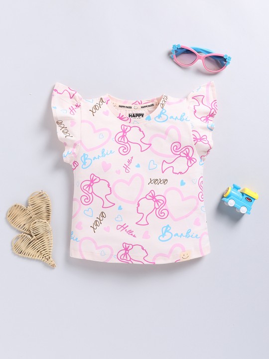 Happy Faces Barbie and Graphic Printed Cotton T-shirt With Frilled Sleeves for Girls(Salmon, Pack Of 1)
