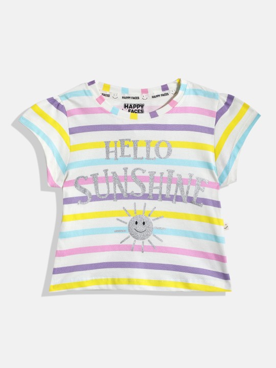 Happy Faces Graphic Printed Cotton T-shirt  for Girls(Cream, Pack Of 1)
