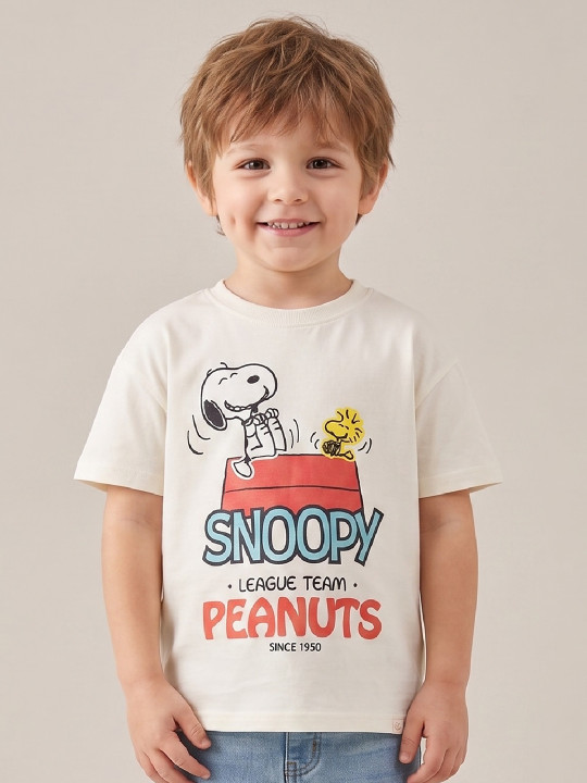 Happy Faces Boy’s Snoopy Printed Pure Cotton T-Shirt (Cream, Pack Of 1)