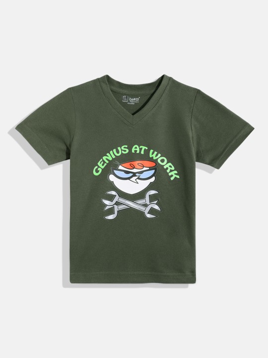 Eteenz Dexter Comic Printed Premium Cotton V-Neck T-Shirt for Boys (Olive Green, Pack of 1)