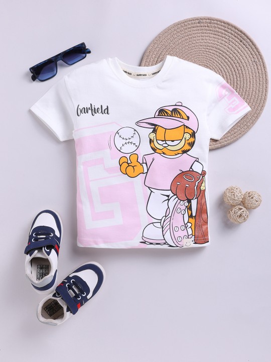 Boys’ Garfield Printed White & Pink T-Shirt