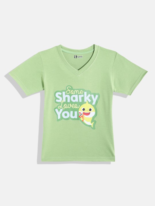 Eteenz Baby Shark Comic Printed Premium Cotton V-Neck T-shirt for Boy’s(Green, Pack of 1)