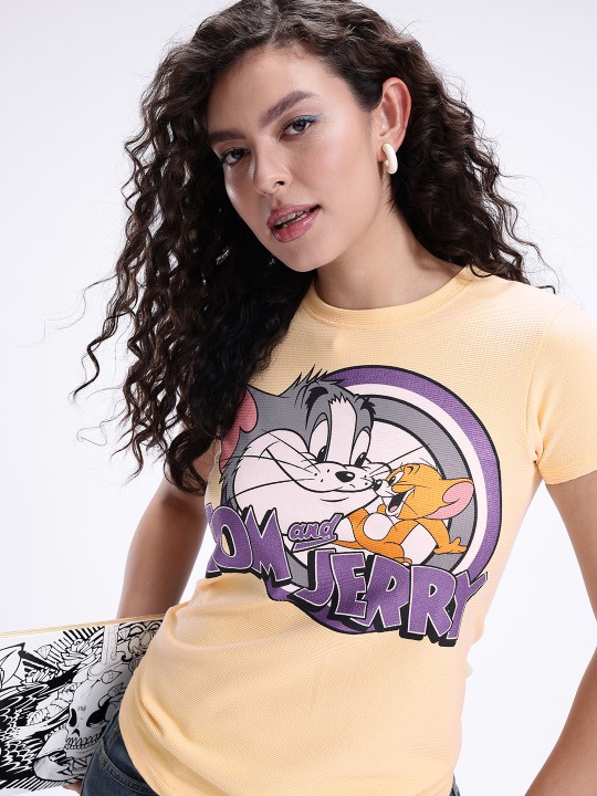 Beige, Grey & Brown Tom & Jerry Graphic Printed T-Shirt for Women