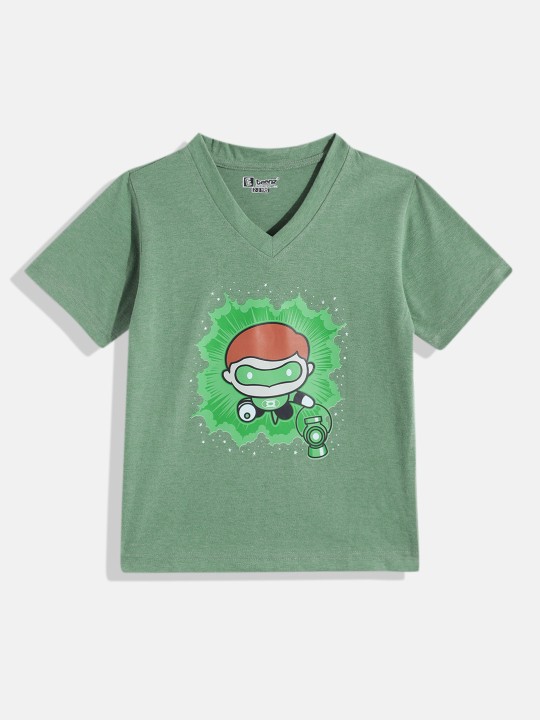 Eteenz Green Lantern Comic Printed Premium Cotton V-Neck T-shirt for Boys (Green, Pack of 1)