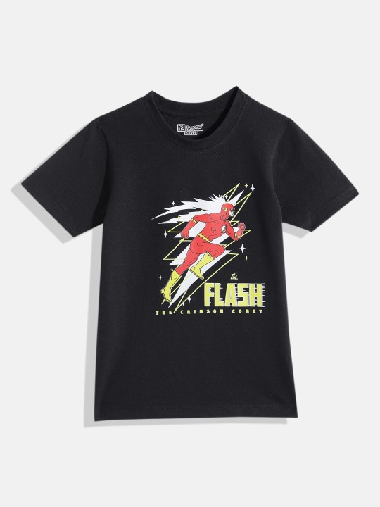 Eteenz Flash Comic Printed Premium Cotton V-Neck T-Shirt for Boys (Black, Pack of 1)
