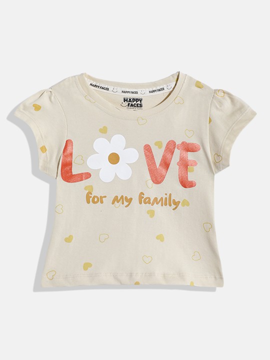 Happy Faces Graphic Printed Cotton T-shirt  for Girls(Fawn, Pack Of 1)