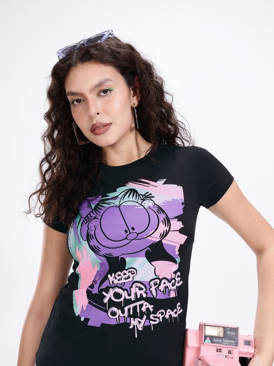 Black & Purple Garfield Humour Graphic Printed T-Shirt for Women