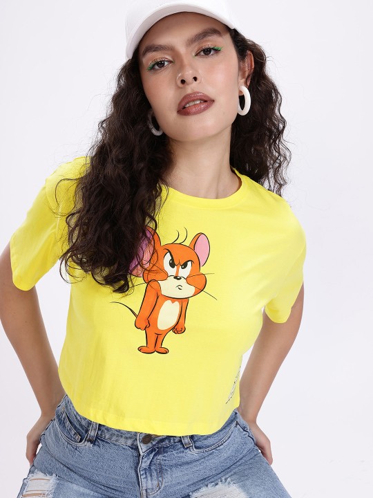 Yellow Tom & Jerry Printed Crop T-Shirt for Women
