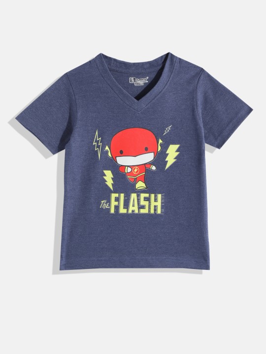 Eteenz Flash Superhero Printed Premium Cotton V-Neck T-shirt for Boys (Navy Blue, Pack of 1)