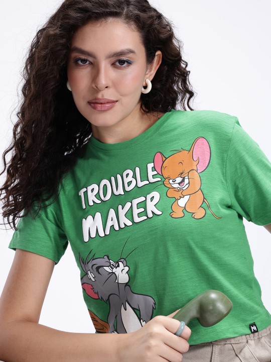 Women’s Green Tom & Jerry Comic Print Crop T-Shirt