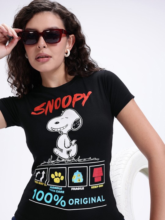 Black Peanuts Humour Graphic Printed T-Shirt for Women