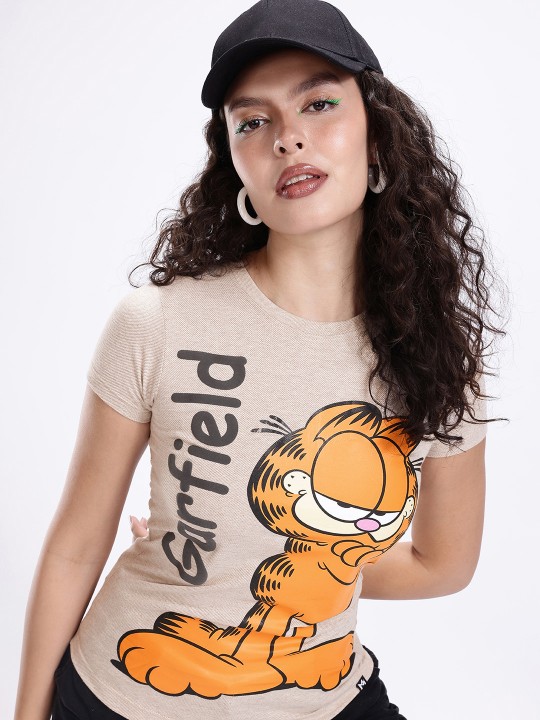 Women’s Graphic T-Shirt – Garfield Print (Beige & Mustard Yellow)