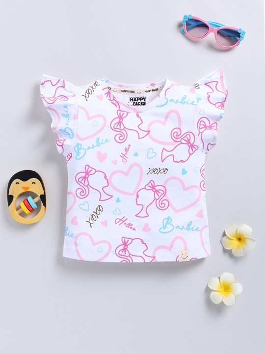 Happy Faces Barbie and Graphic Printed Cotton T-shirt With Frilled Sleeves for Girls(White, Pack Of 1)
