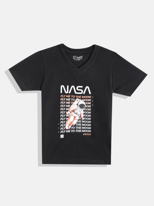 Eteenz Nasa Comic Printed Premium Cotton V-Neck T-Shirt for Boys (Black, Pack of 1)