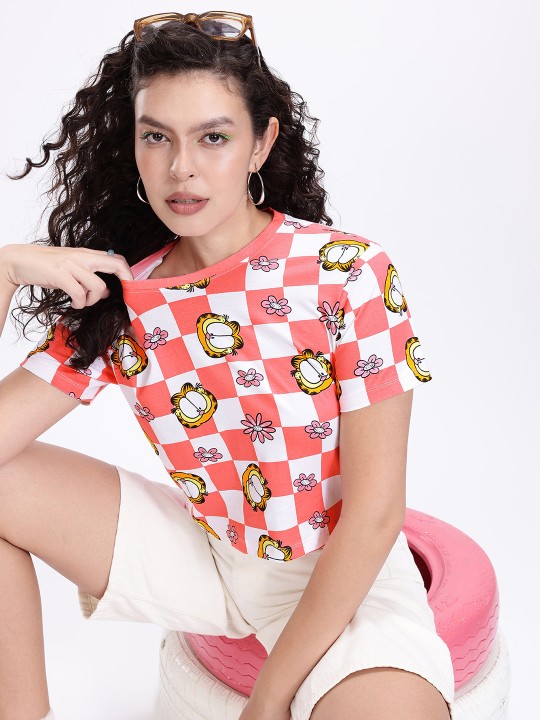 Women’s Coral & White Garfield Checked Crop Top