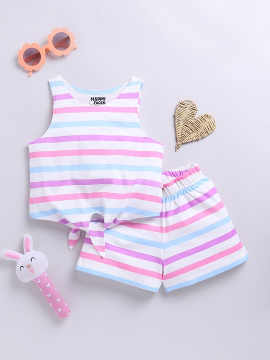 Happy Faces Graphic Printed Pure Cotton Clothing Set For Girls(White, Pack Of 1)