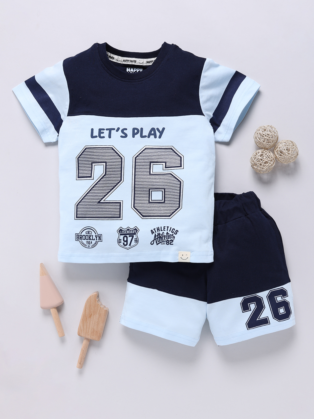 Happy Faces color blocked Typography Printed Pure Cotton Clothing Set For Boys(P.Blue, Pack Of 1)