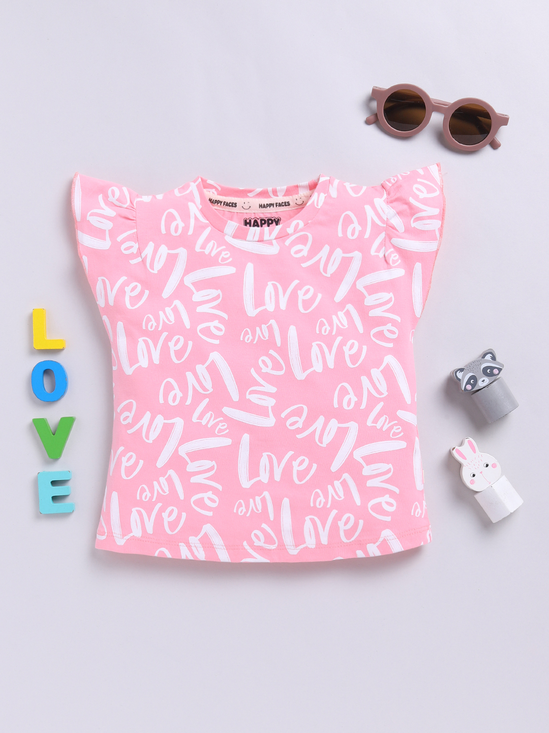 Happy Faces Printed Regular Fit Cotton T-Shirt For Girls(Rose Pink, Pack Of 1)