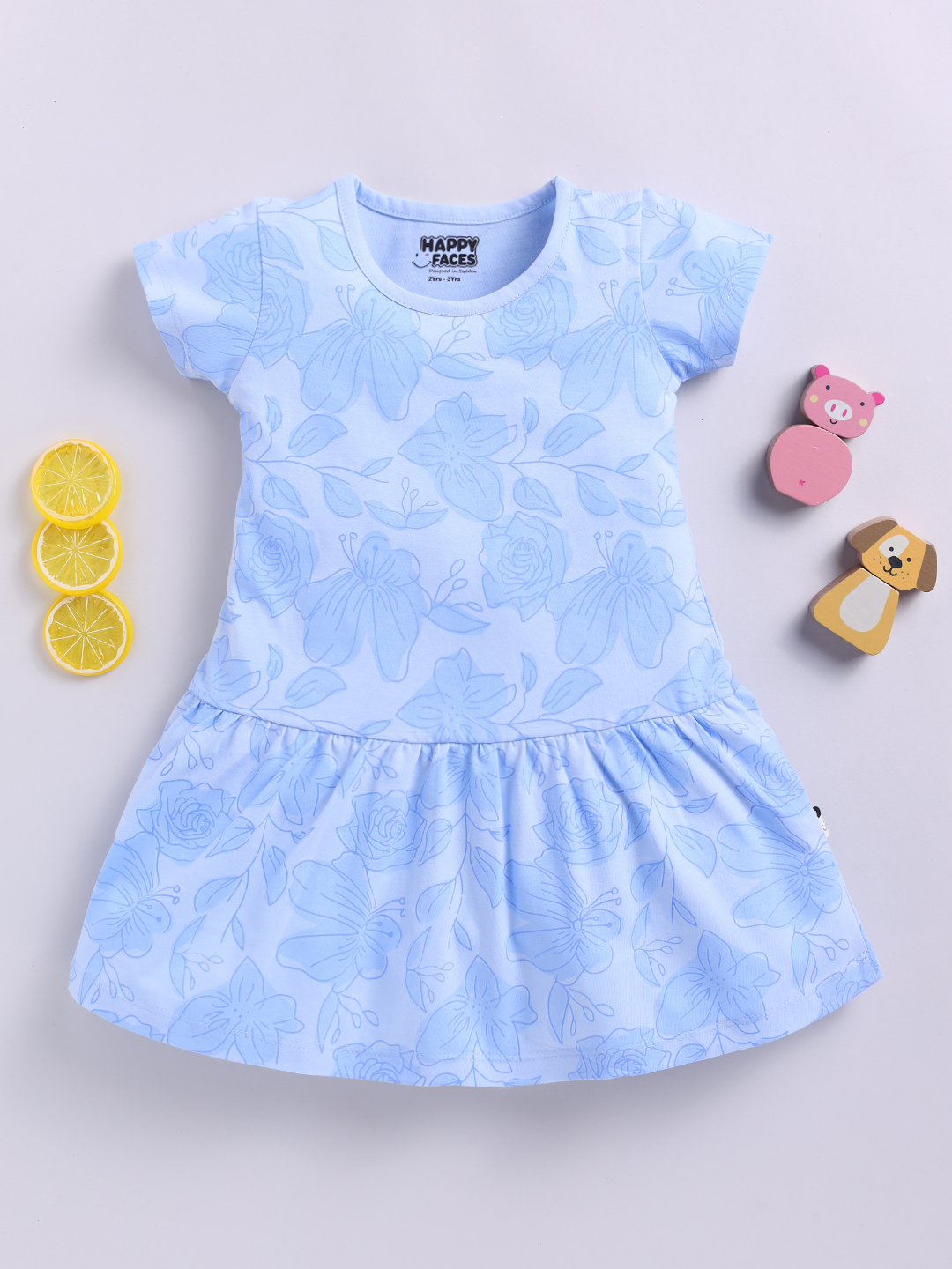 Happy Faces Graphic Printed Cotton Frock  for Girls(Sky Blue, Pack Of 1)