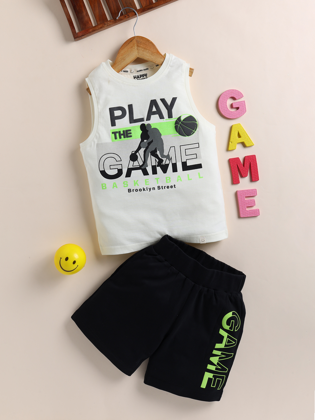 Happy Faces Graphic Printed Pure Cotton Clothing Set For Boys(Off White, Pack Of 1)