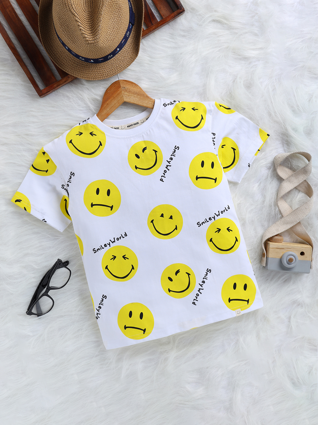 Happy Faces Smiley World Printed Pure Cotton T-Shirt For Boys(White , Pack Of 1)