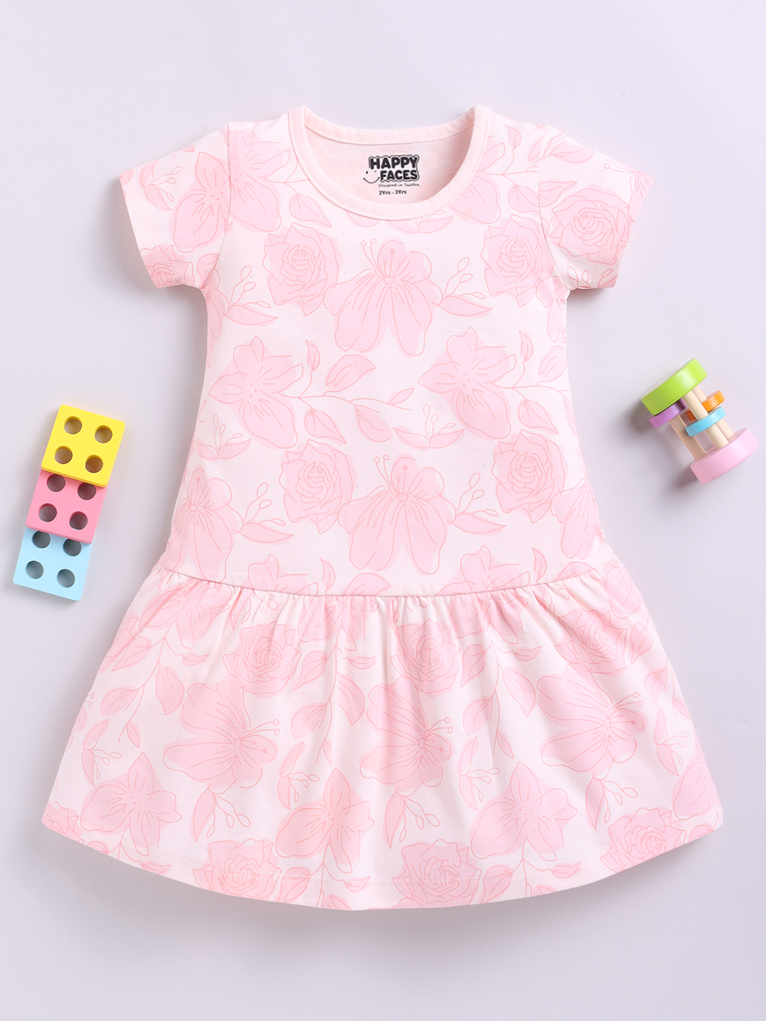 Happy Faces Graphic Printed Cotton Frock  for Girls(Light Salmon, Pack Of 1)