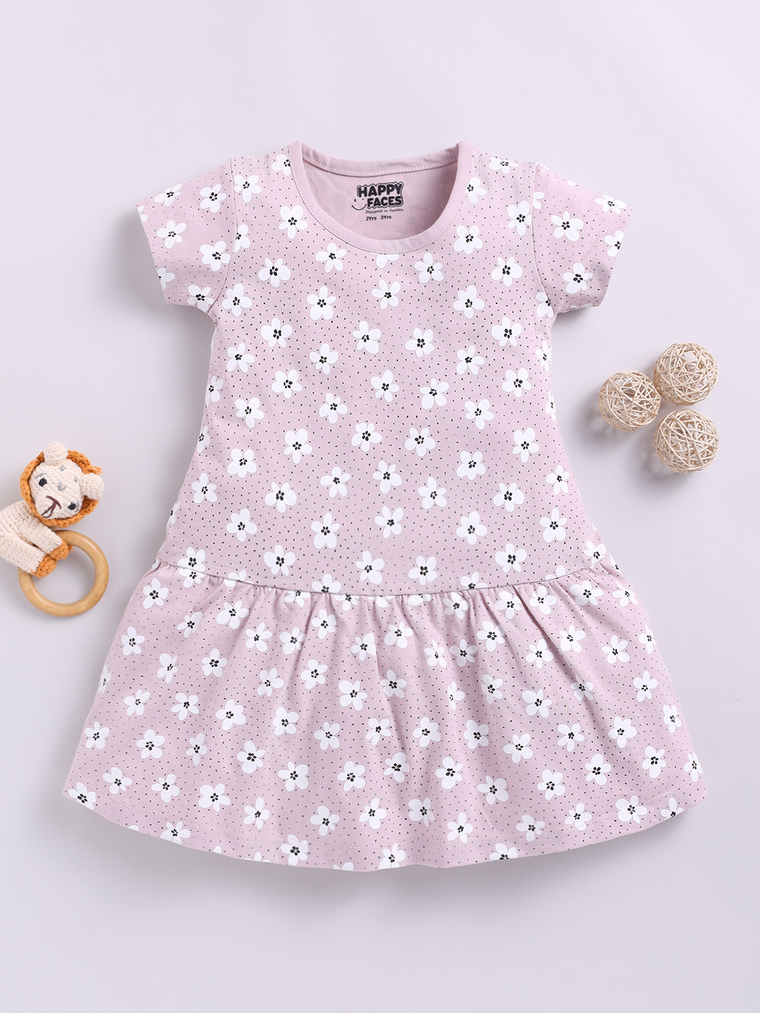 Happy Faces Graphic Floral Printed Cotton Frock  for Girls(Light Mauve, Pack Of 1)