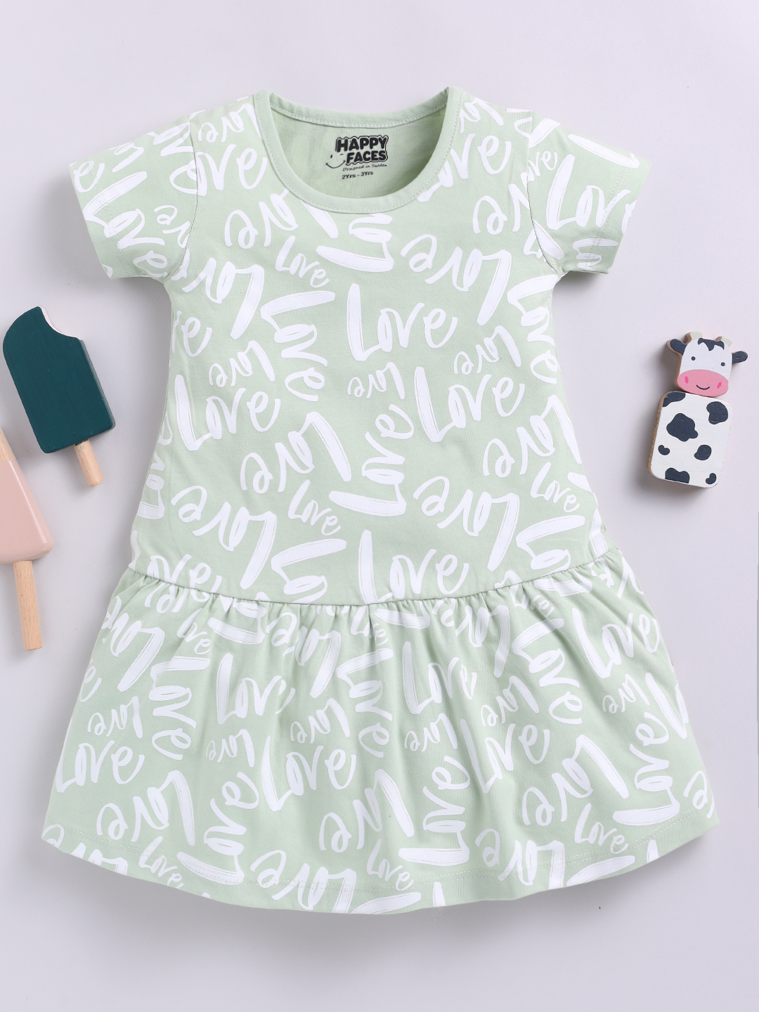 Happy Faces Graphic  Printed Cotton Frock  for Girls(Pista Green, Pack Of 1)