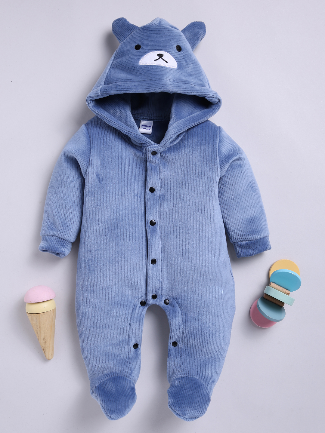 Mom’s Love Solid Self Design Hooded Cotton Blended Sleepsuits for Infants Boys (Blue, Pack of 1)