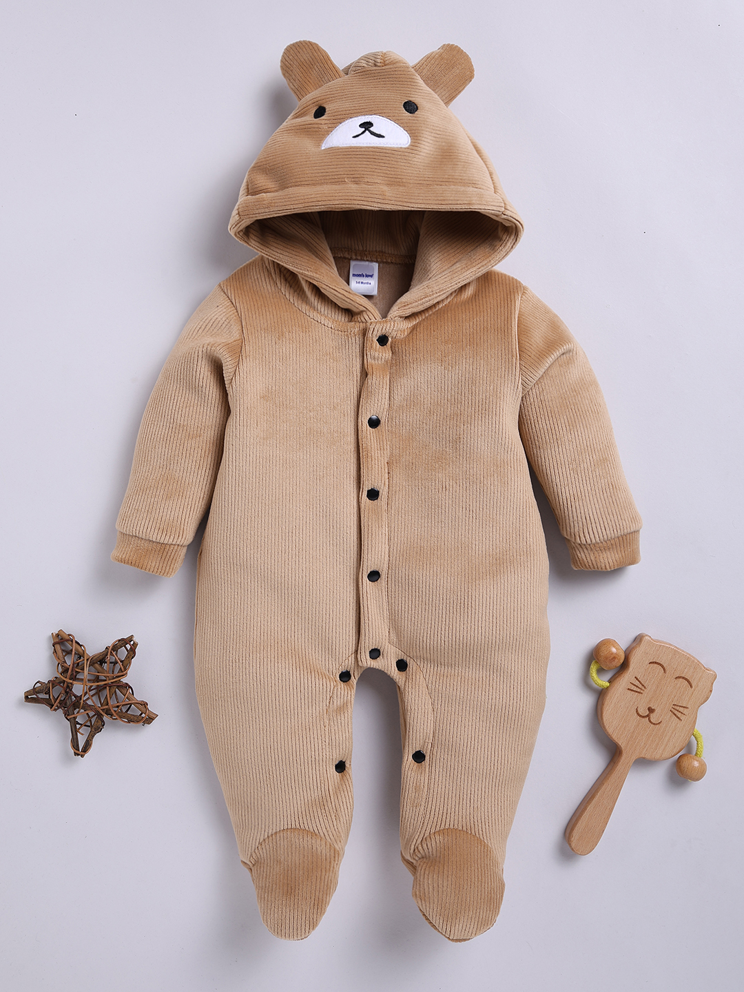 Mom’s Love Solid Self Design Hooded Cotton Blended Sleepsuits for Infants Boys (Beige, Pack of 1)