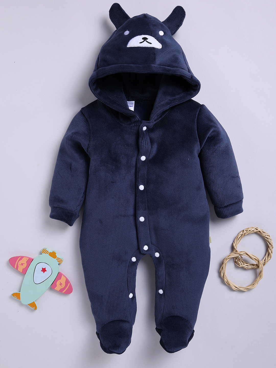Mom’s Love Solid Self Design Hooded Cotton Blended Sleepsuits for Infants Boys (Navy Blue, Pack of 1)