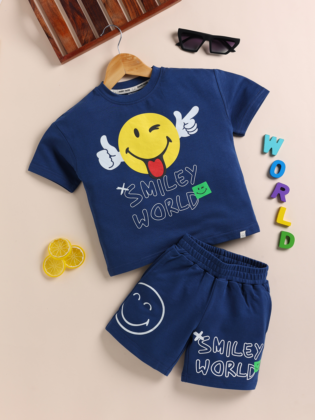 Happy Faces Smiley World Printed Pure Cotton Clothing Set For Boys(AF Blue, Pack Of 1)