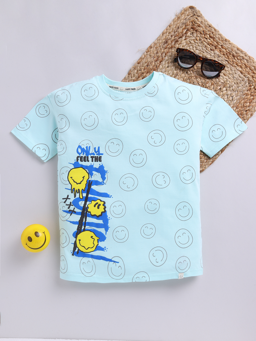 Happy Faces Smiley World Printed Pure Cotton  T-Shirt For Boys(Yucca Green, Pack Of 1)