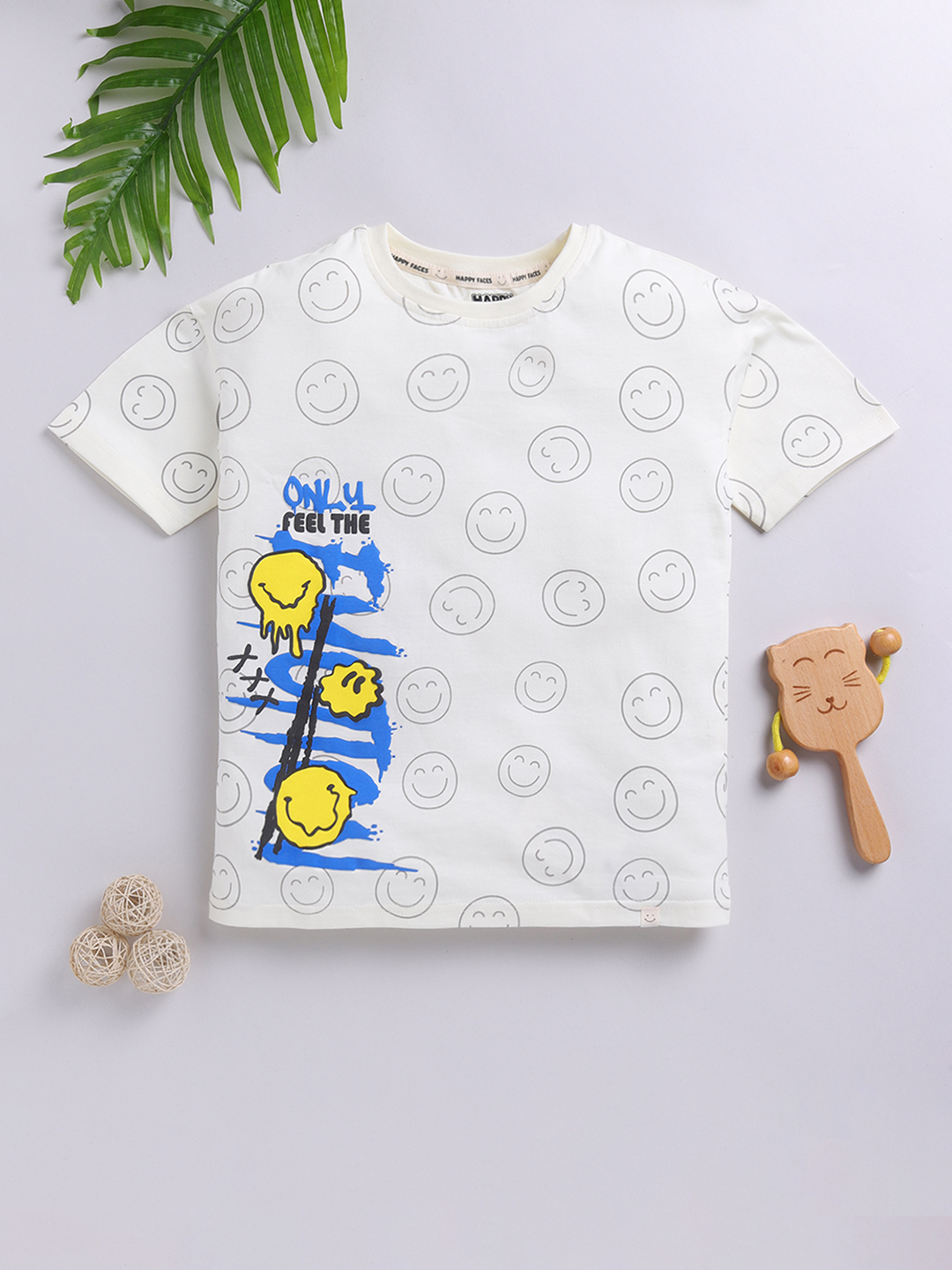 Happy Faces Smiley World Printed Pure Cotton  T-Shirt For Boys(Off White, Pack Of 1)