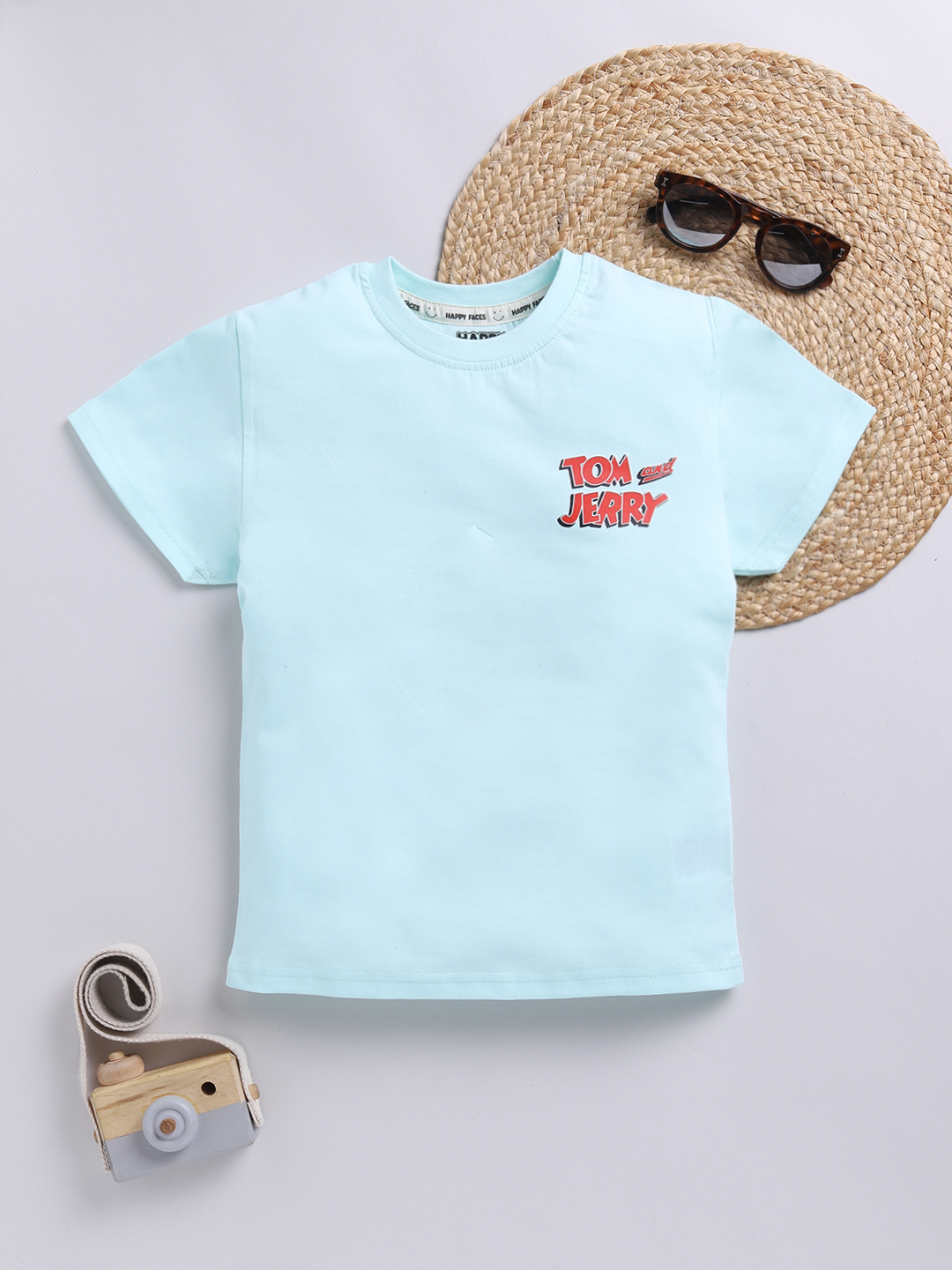 Happy Faces Solid Tom and Jerry Comic Print Pure Cotton T-Shirt For Boys(Yucca green , Pack Of 1)