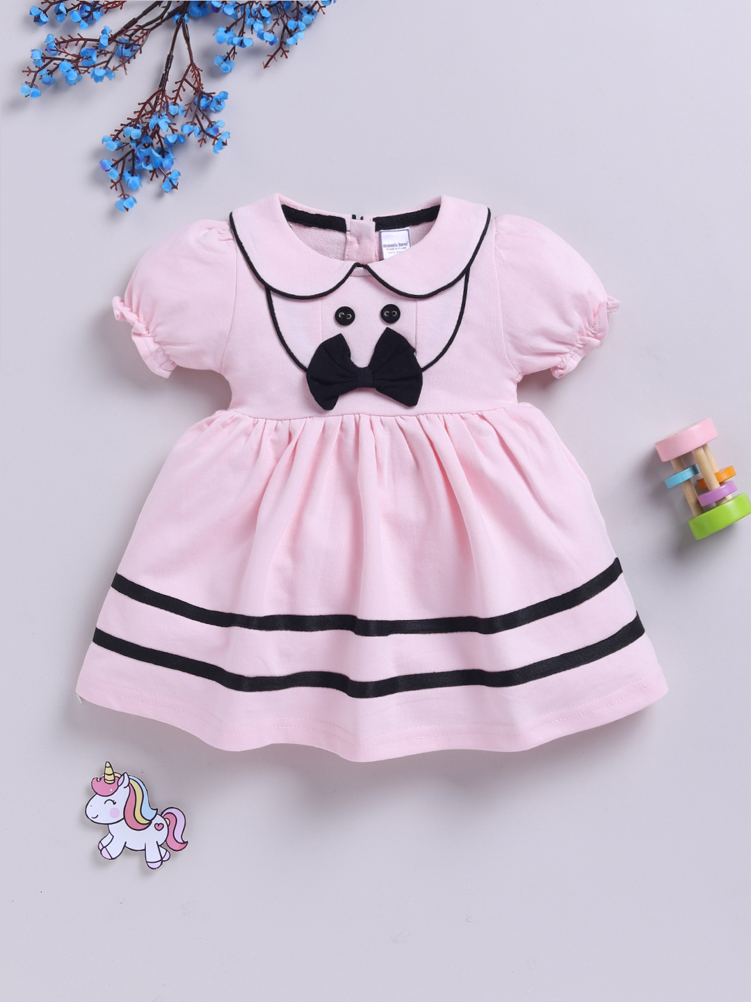 Mom’s Love Solid Printed with Bow & Stripe Pure Cotton Frock And Dress For Infant Girls (Pink Pack Of 1)