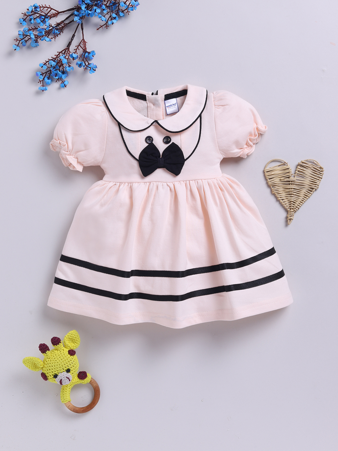 Mom’s Love Solid Printed with Bow & Stripe Pure Cotton Frock And Dress For Infant Girls (Peach Pack Of 1)