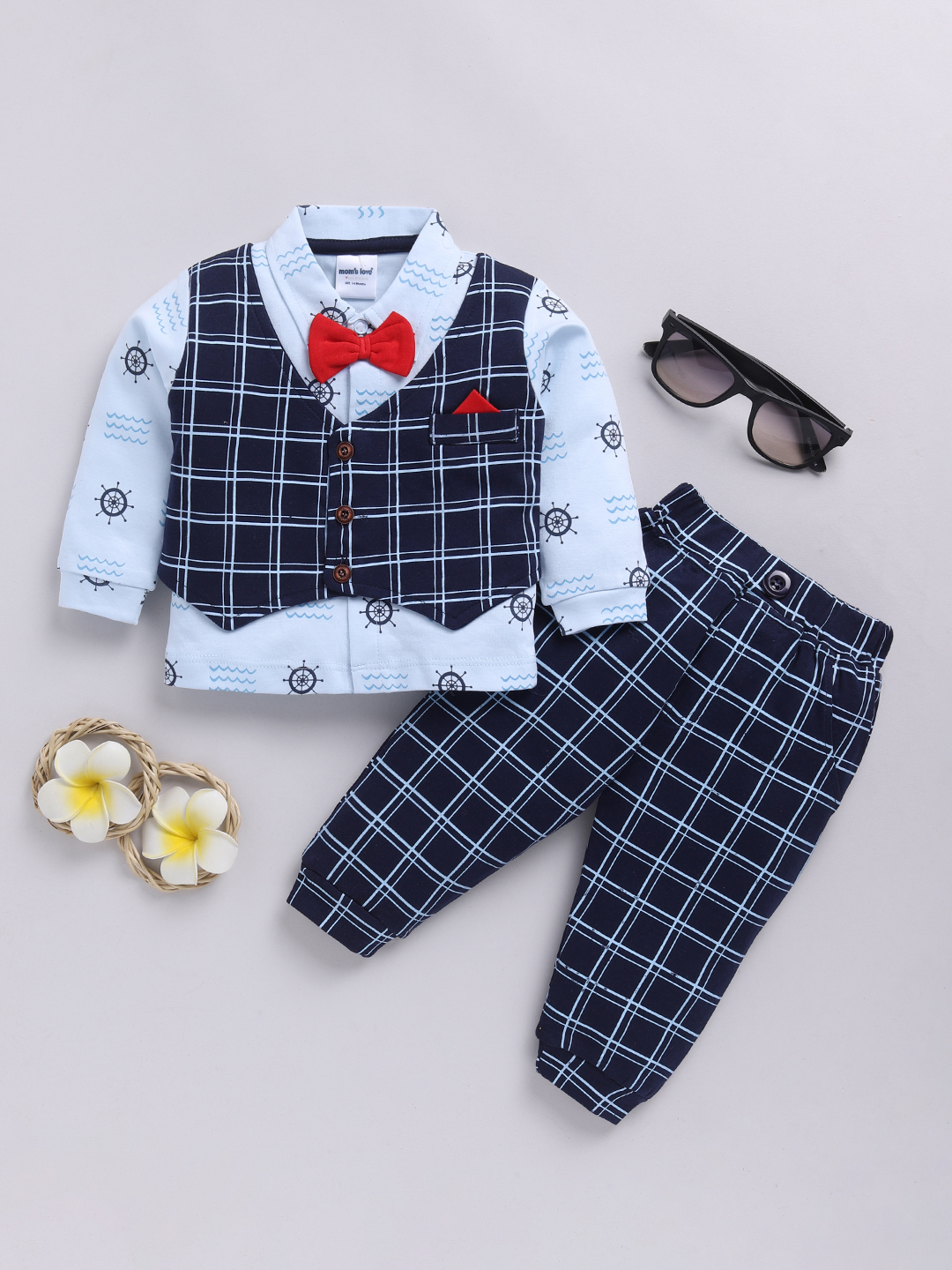 Mom’s Love Checkered Printed Pure Cotton Set And Suits For Infant Boys (Navy, Pack Of 1)