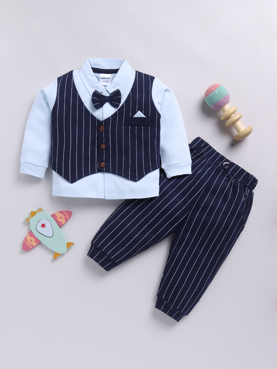 Mom’s Love Striped Printed Pure Cotton Set And Suits For Infant Boys (Blue, Pack Of 1)
