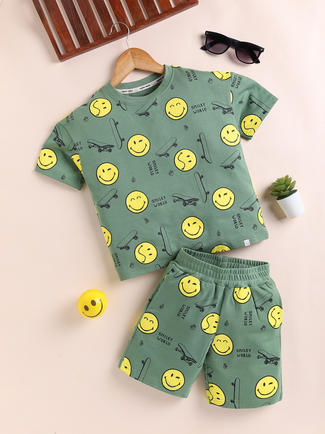 Happy Faces Smiley World Printed Pure Cotton Clothing Set For Boys(Olive, Pack Of 1)